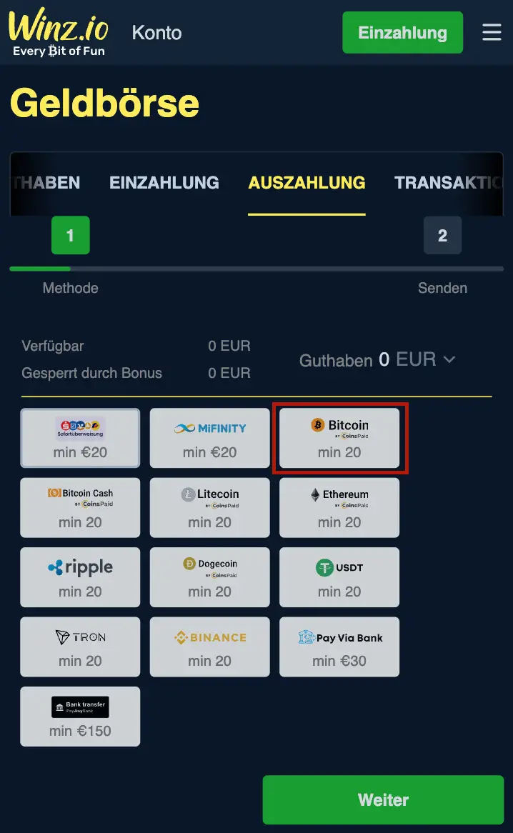 Winz.io Casino Bitcoin Abheben