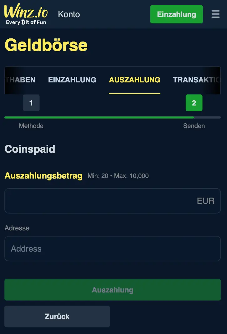 Winz.io Casino Bitcoin abheben - Schritt 2